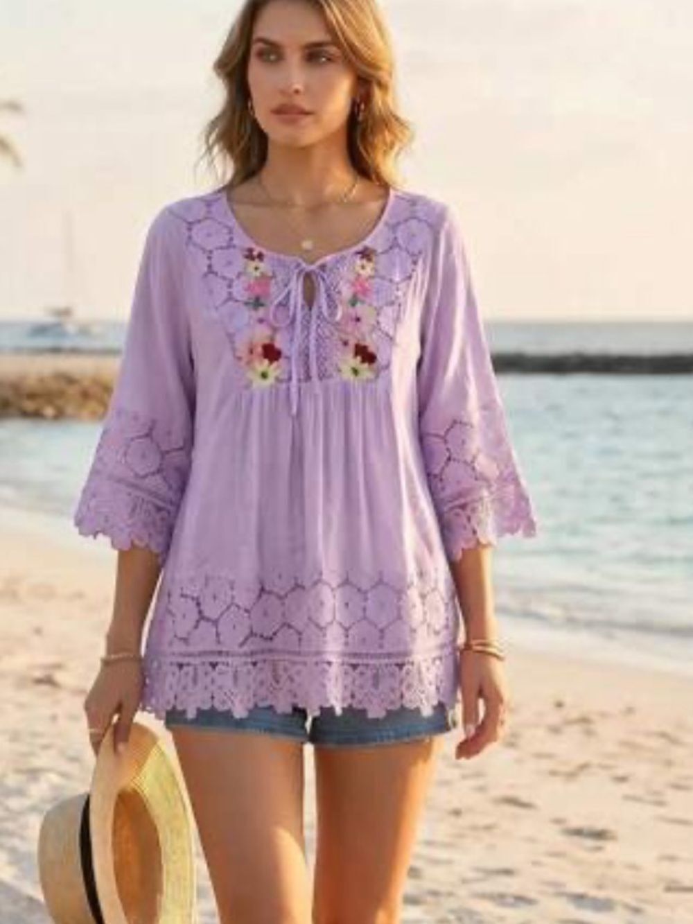 Lavender Embroidered Lace-Trim Boho Tunic 3XL  D3